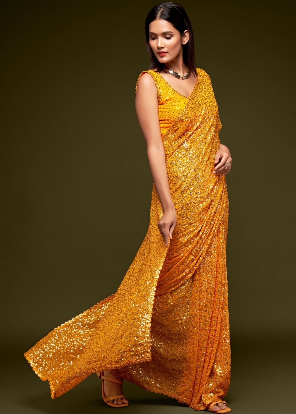 Golden Yellow Designer Georgette Saree