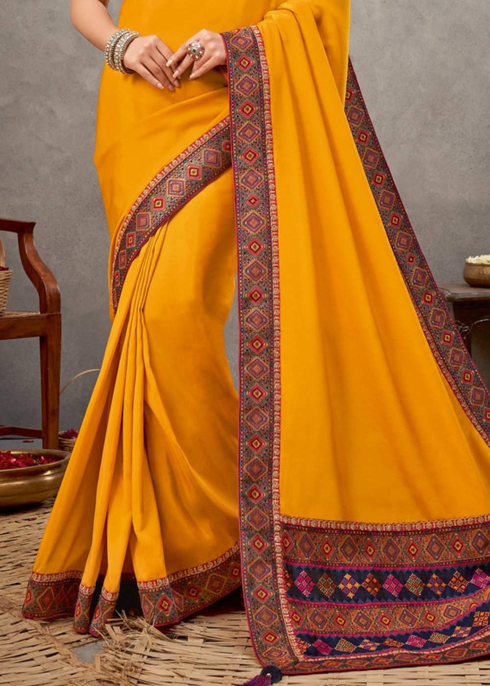 Golden Yellow Satin Silk Saree with Zari & Sequins Embroidery
