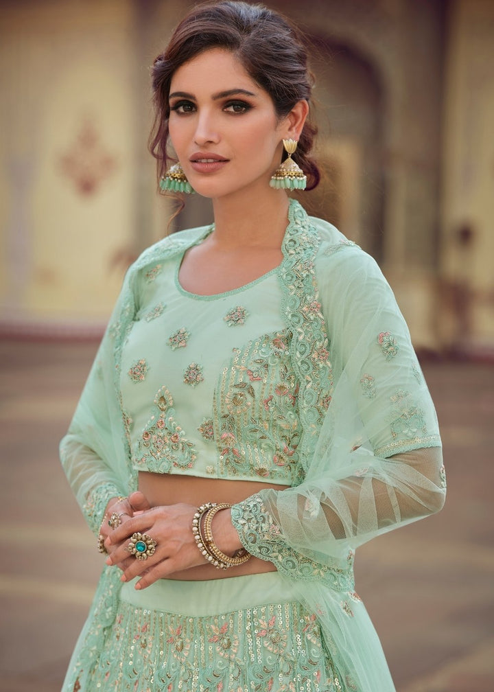 Mint Green Soft Net Lehenga Choli with Sequins, Thread, Zari & Dori work
