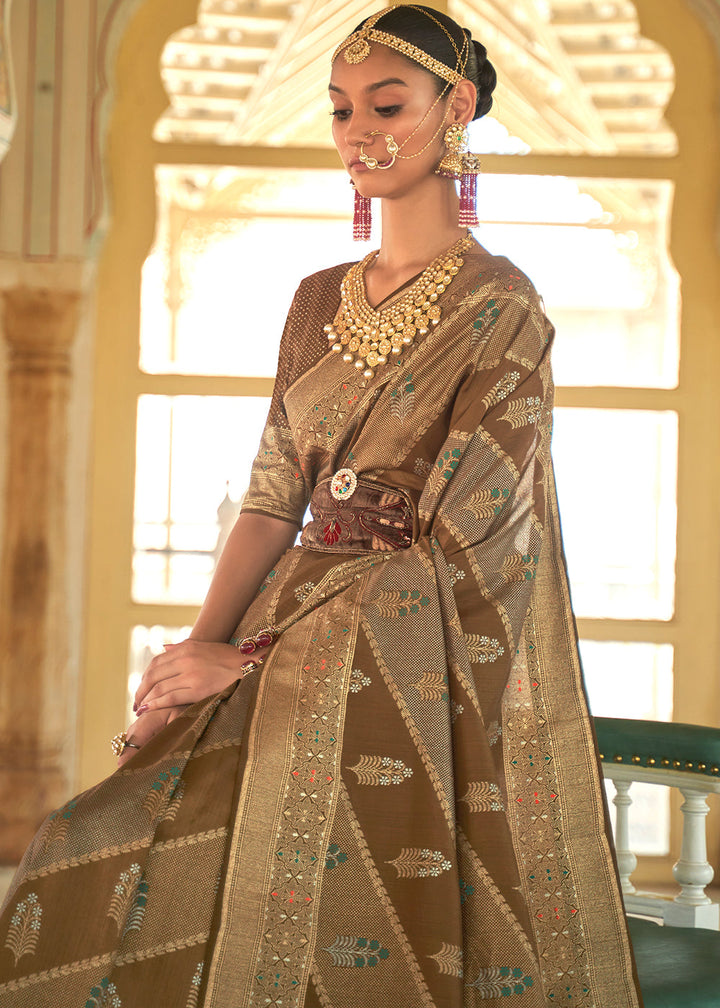 Shades Of Brown Zari Woven Banarasi Silk Saree
