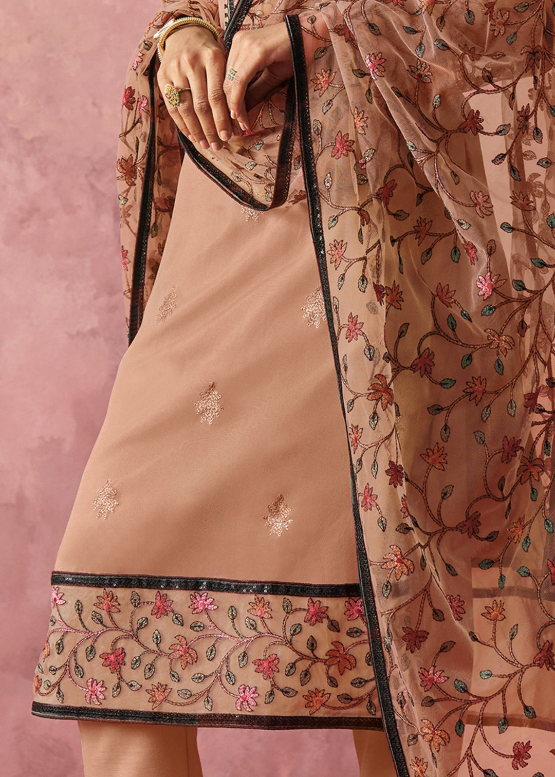 Tan Brown Georgette Suit With Thread Embroidered Work