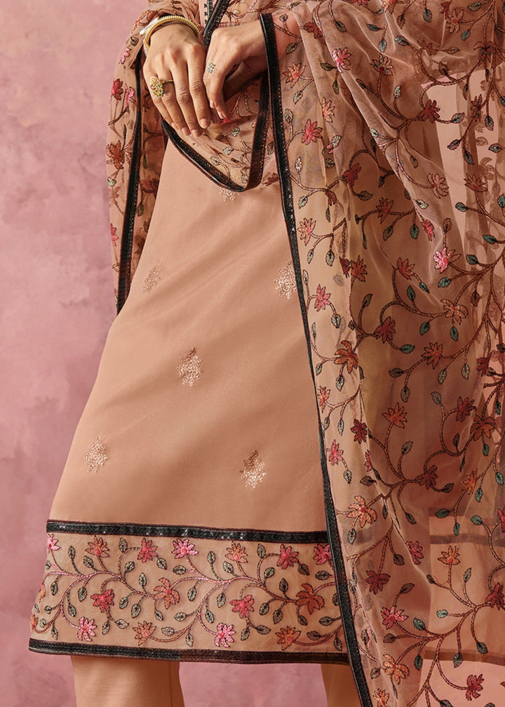 Tan Brown Georgette Suit With Thread Embroidered Work