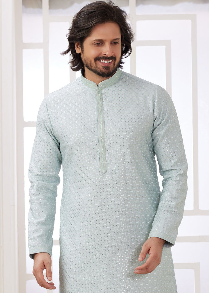 Light Blue Silk Kurta Set With Thread Embroidery Work