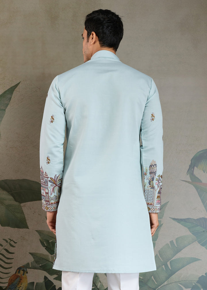 Light Blue Viscose Silk Kurta Set With Thread & Sequins Embroidered Work