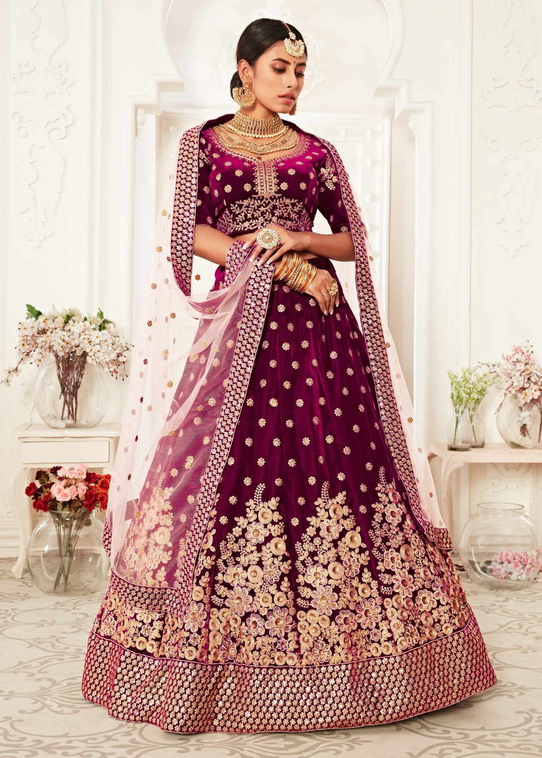 Purple Bridal Pure Velvet Zari And Sequins Embroidery Lehenga