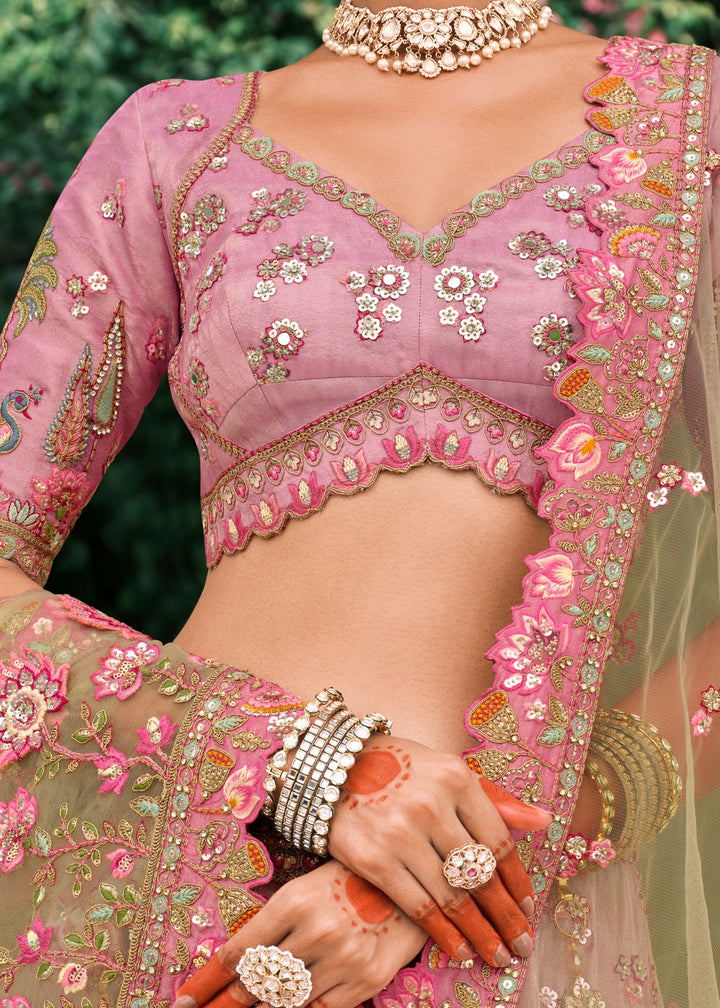 Pistachio Green Fancy Silk Lehenga Choli With Cut Work Embroidery Border & Stone Work