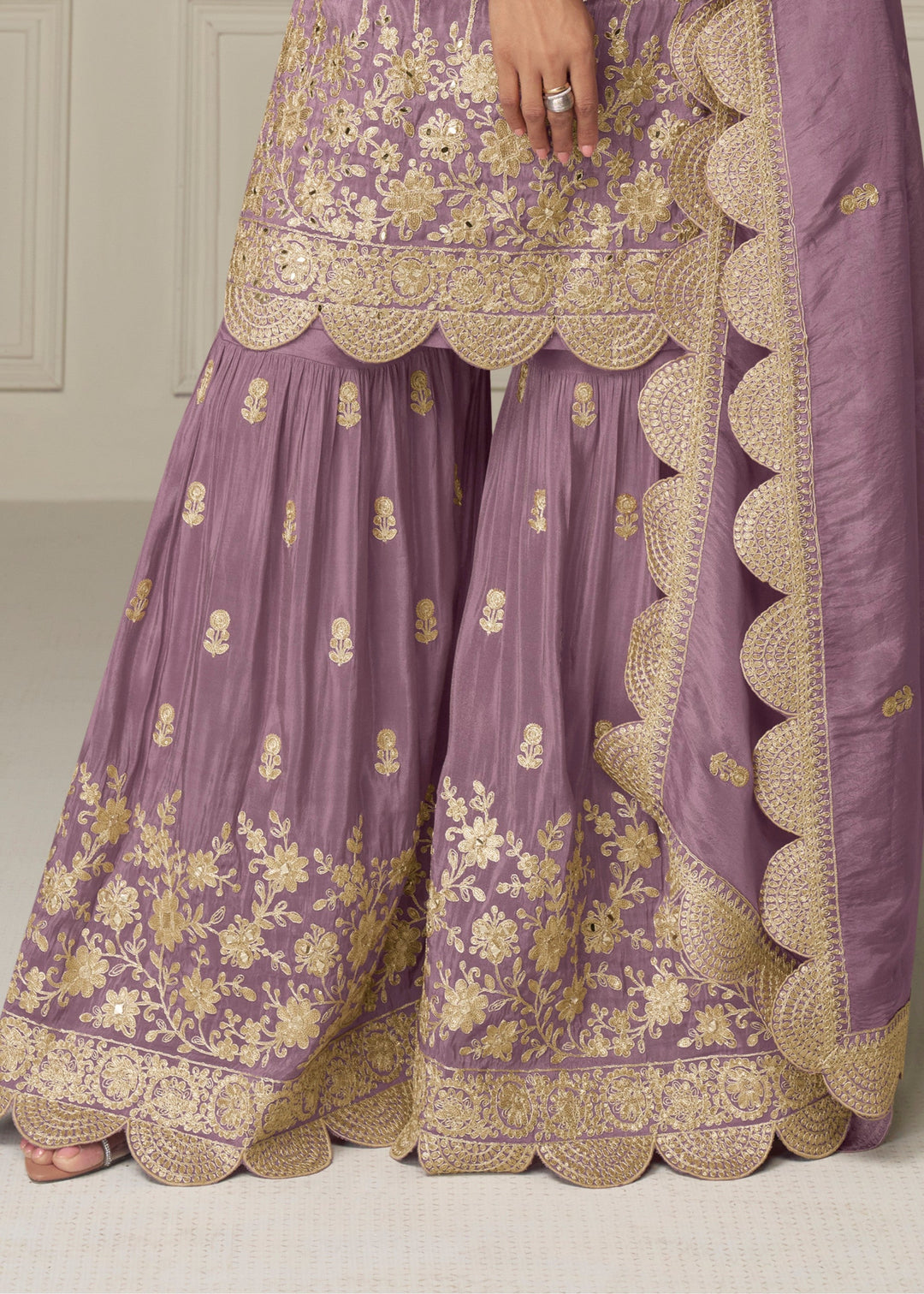 Soft Lavender Purple Silk Salwar Suit With Golden Embroidery