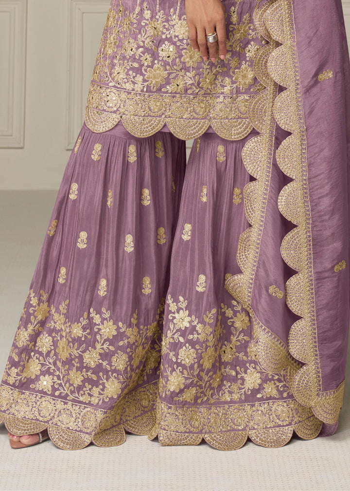 Soft Lavender Purple Silk Salwar Suit With Golden Embroidery