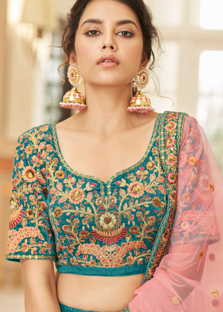 Cerulean Blue Velvet Lehenga Choli