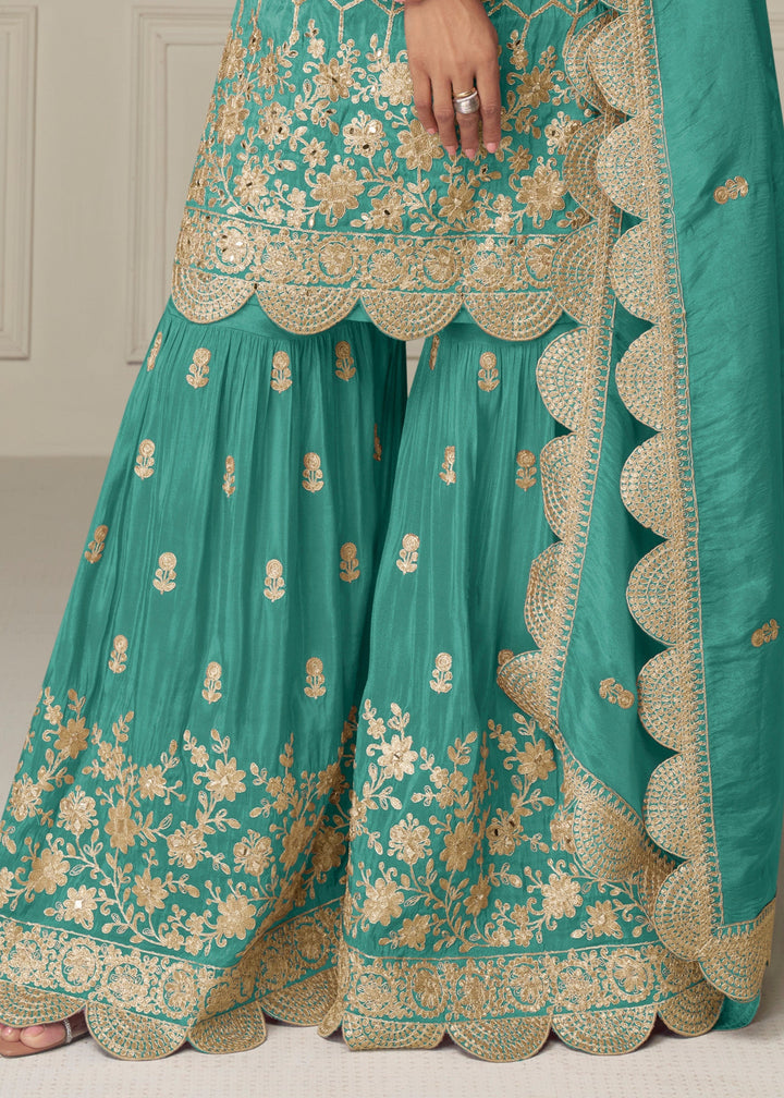 Bright Teal Green Silk Salwar Suit with golden embroidery