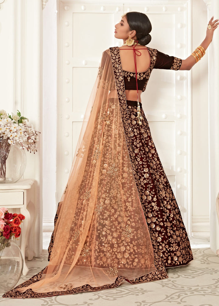 Majestic Maroon Pure Velvet Zari And Sequins Embroidery Lehenga