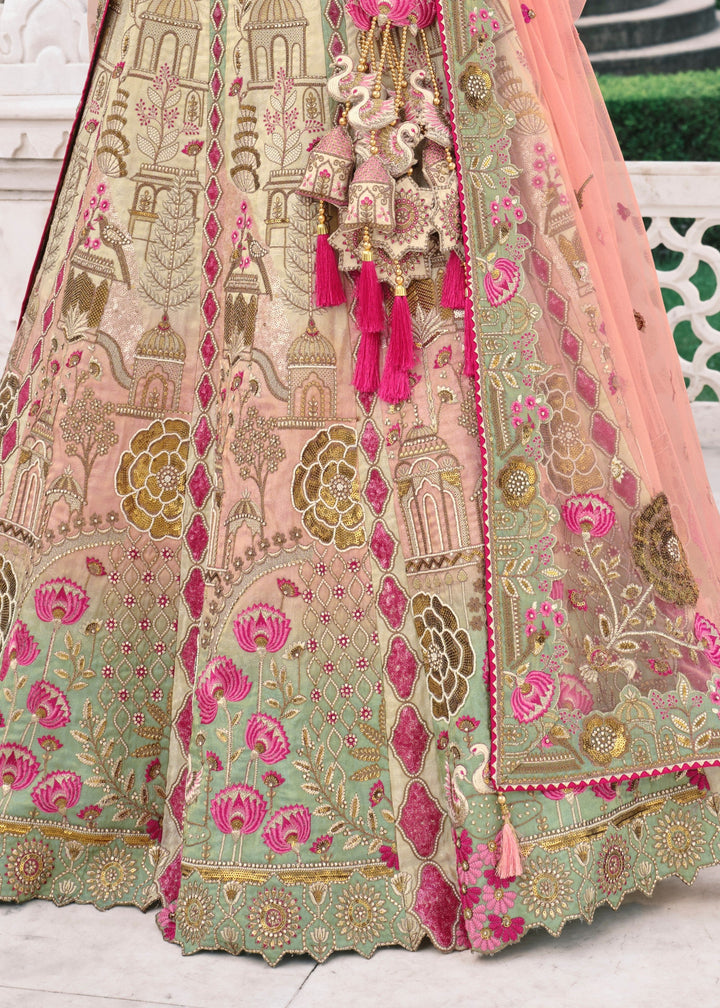 Peach & Off-White Fancy Silk Lehenga Choli With Cut Work Embroidery Border & Stone Work