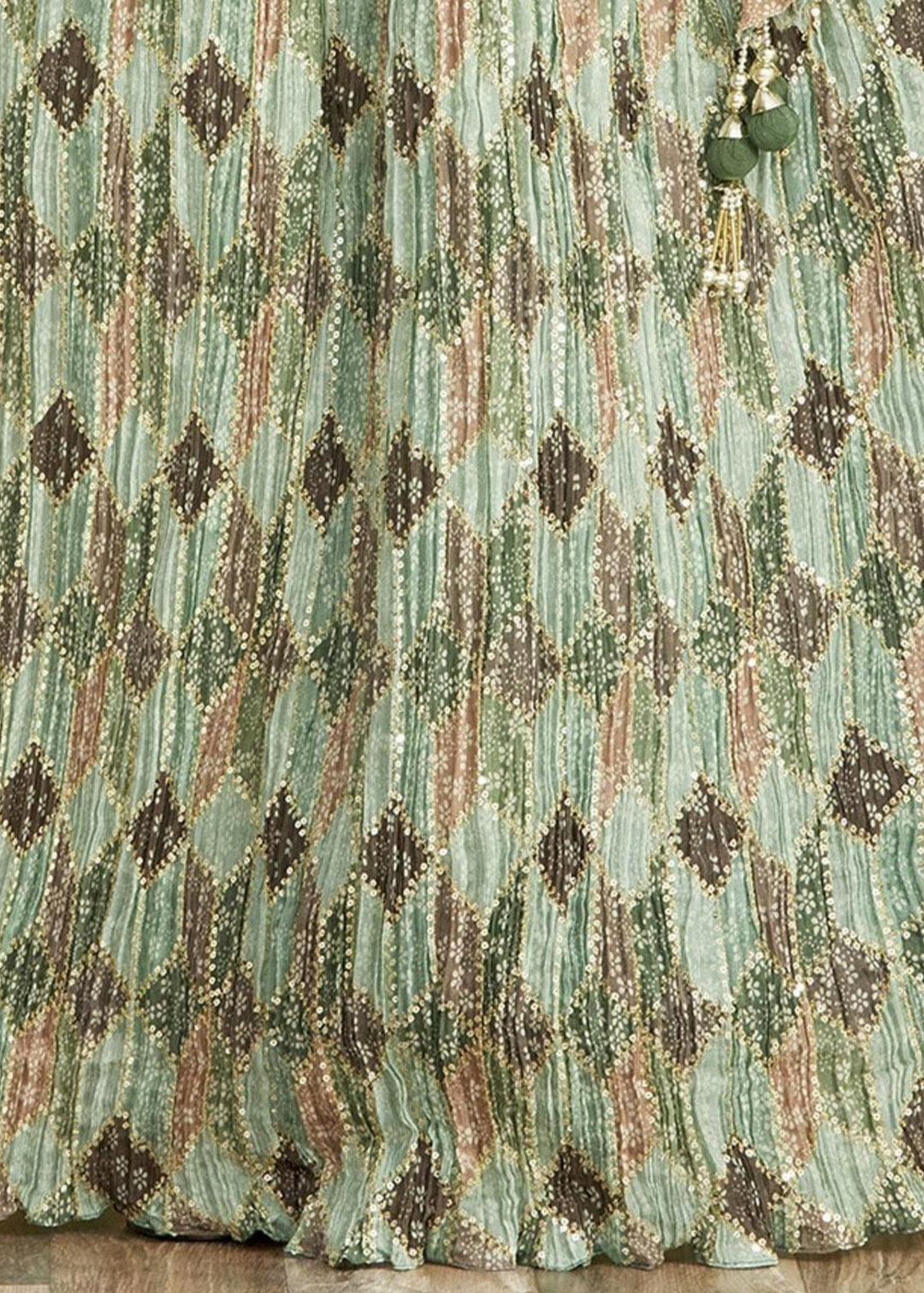 Shades Of Green Digital Printed Chinnon Lehenga with Thread,Zari & Sequins Work