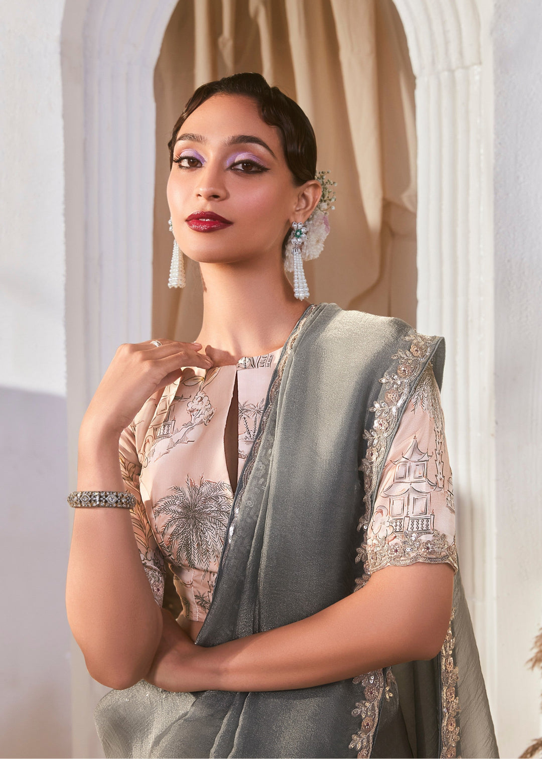Slate Grey Fancy Silk Saree With Printed Blouse