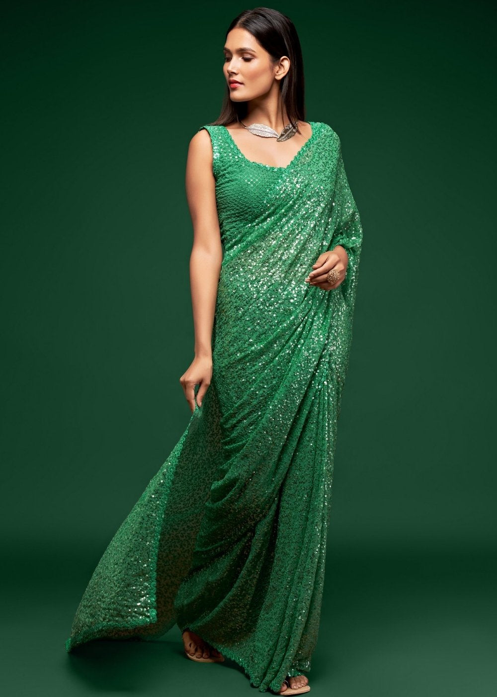 Shamrock Green Designer Georgette Saree