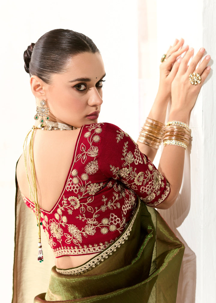 Army Green Organza Tissue Silk Saree