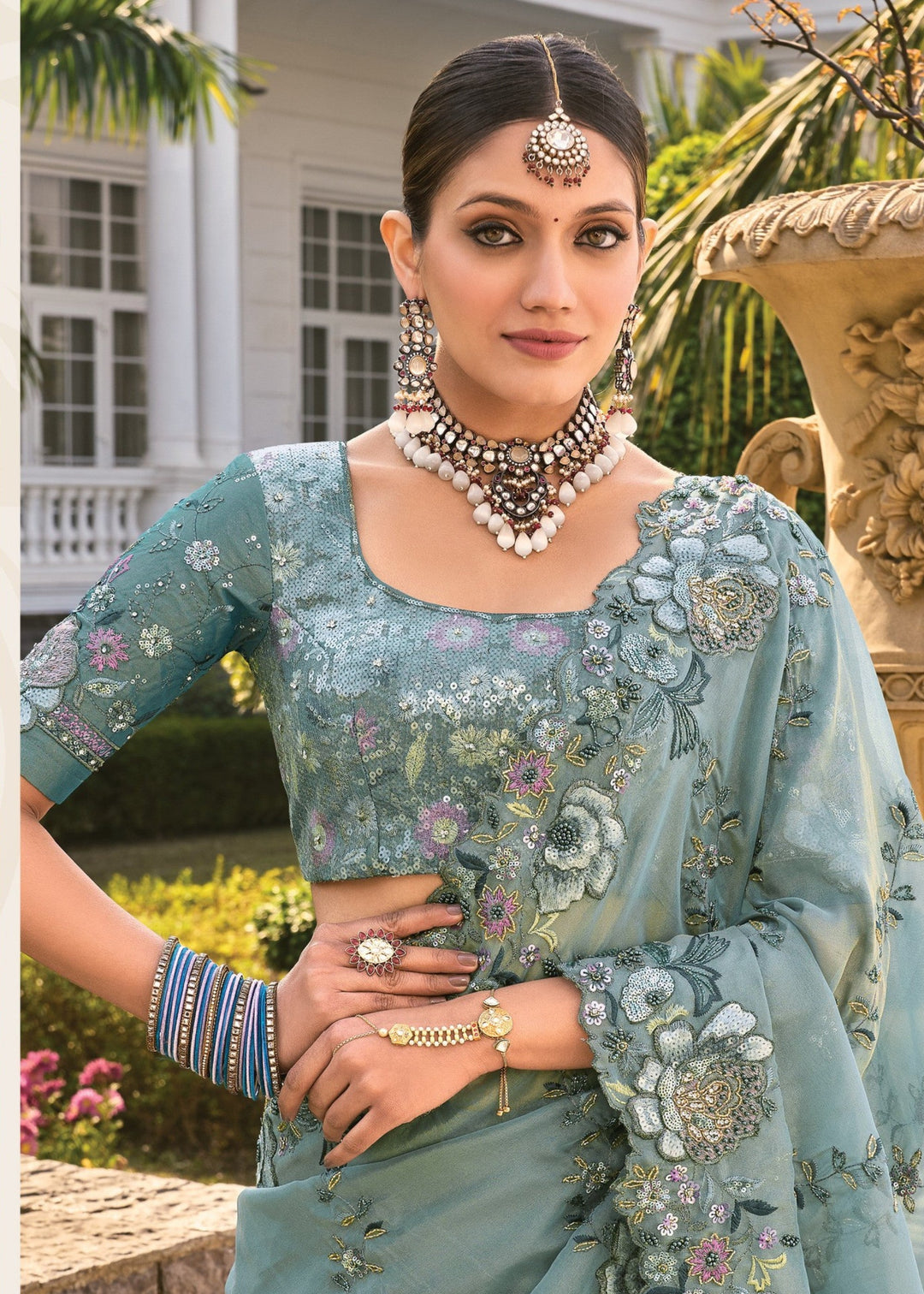 Sea Green Organza Silk Saree