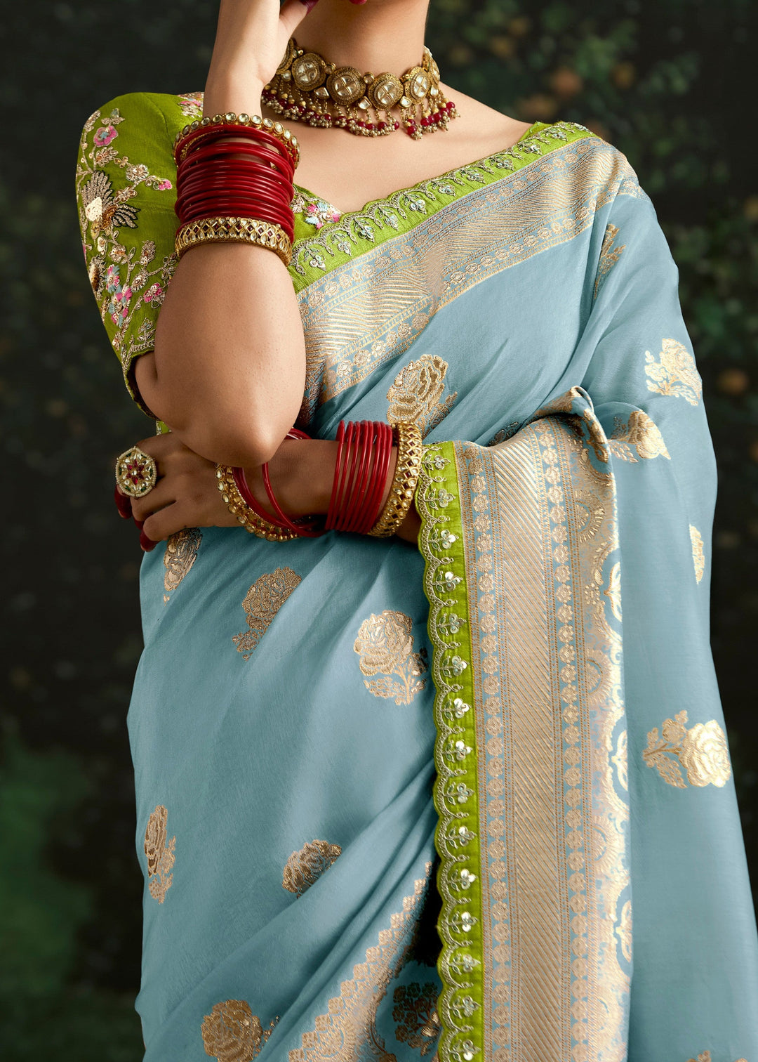 Sky-blue and Lime-green Viscose silk Saree