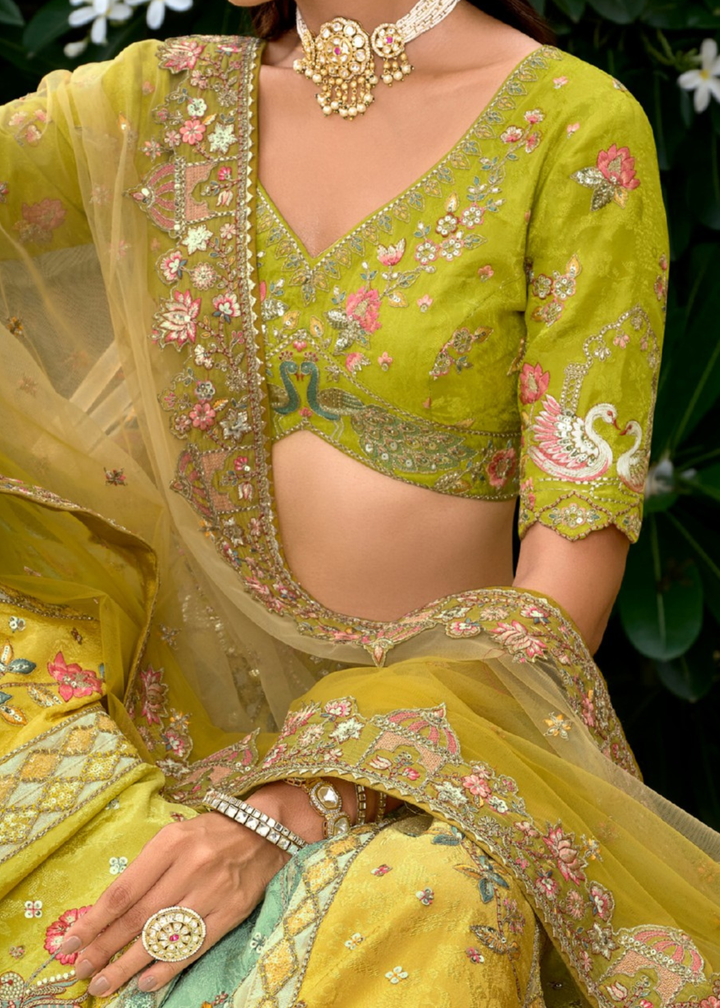 Olive Yellow Floral Silk Lehenga With Cut Work Border And Embroidery