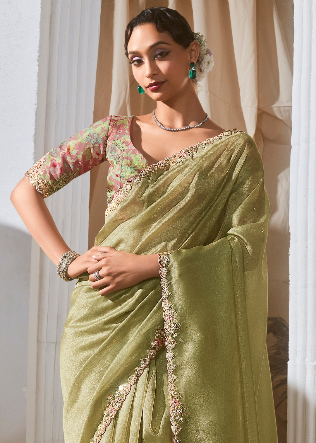 Apple Green Fancy Silk Saree With Printed Blouse
