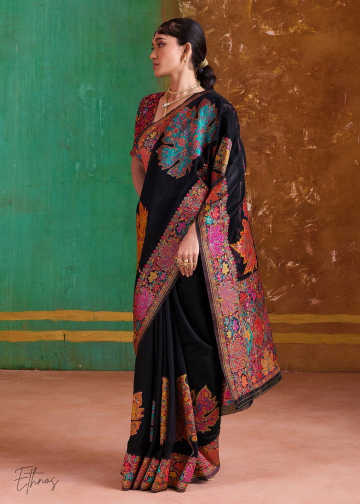 Midnight Black with Rich Multicolour Floral Weave Saree