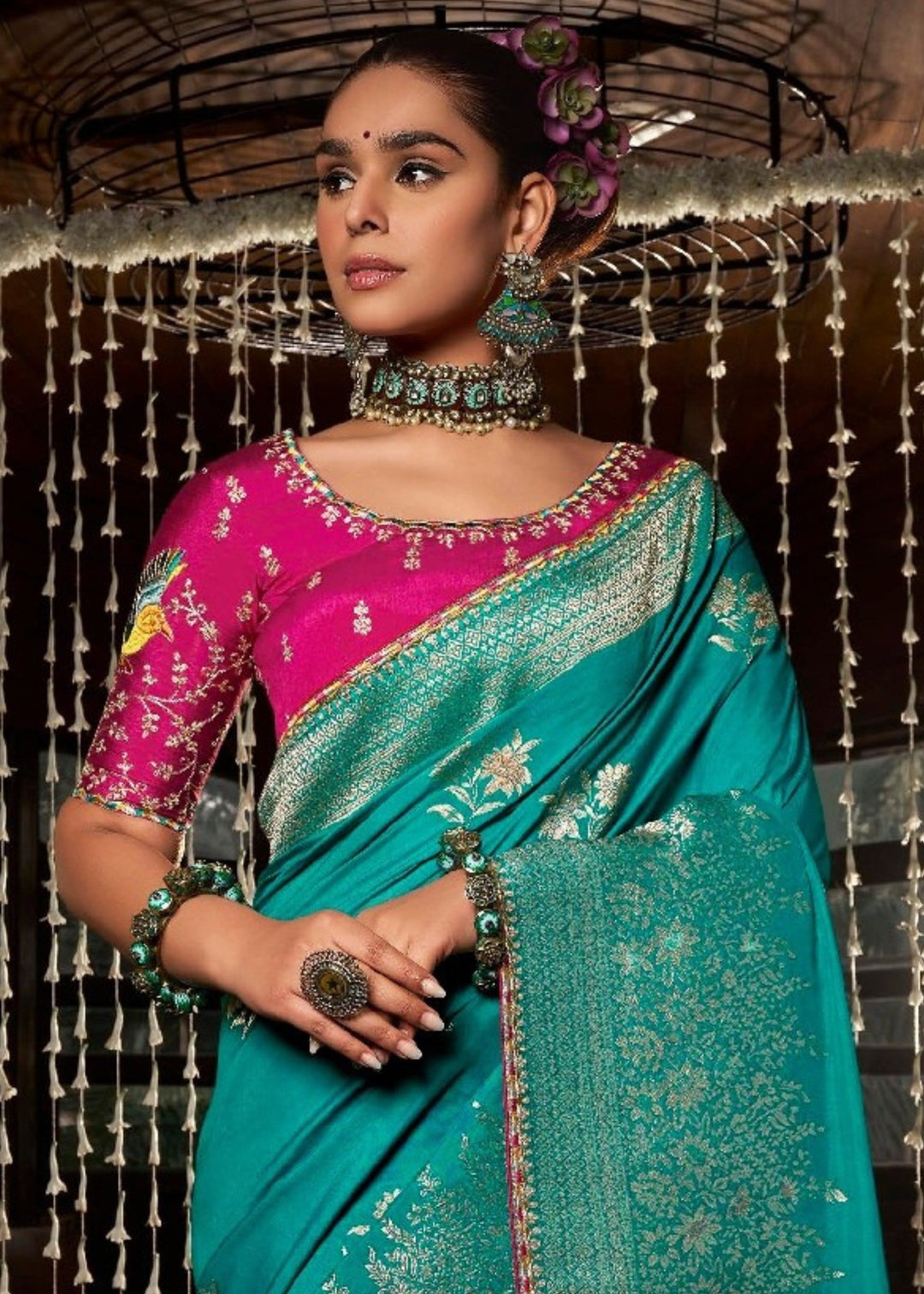 Teal Soft Dola Viscous Silk with 3d Weaved Pallu and contrast blouse Saree