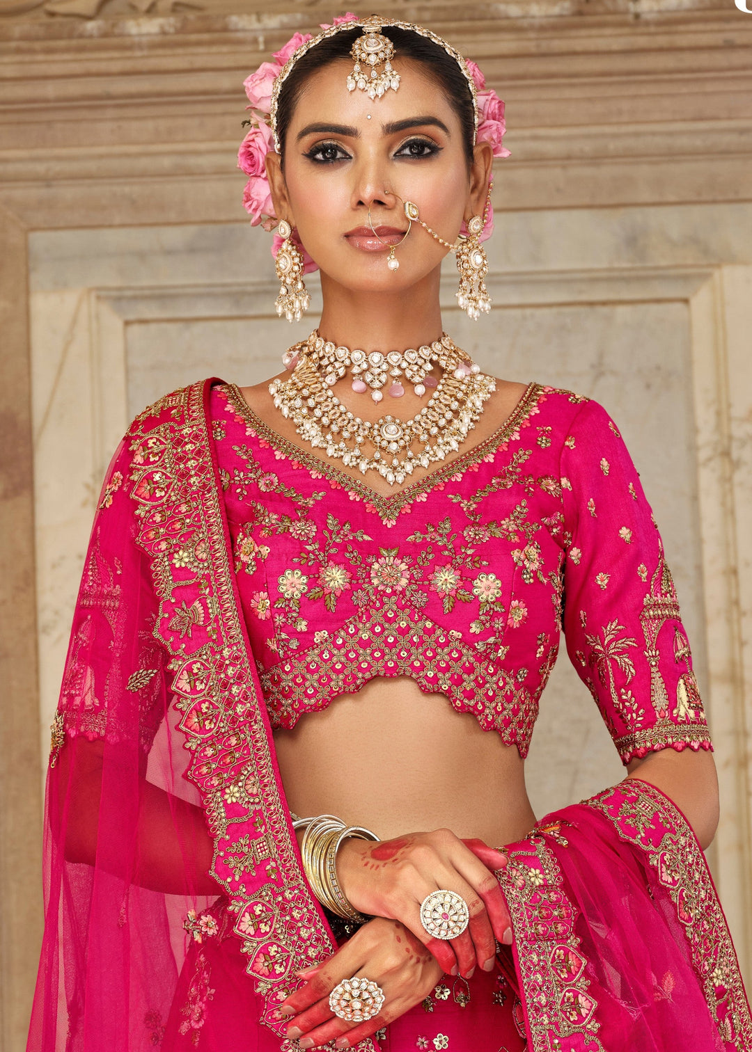 Raspberry Pink Heavy Bridal Silk Lehenga With Khatli And Embroidery Work