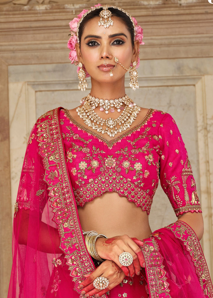 Raspberry Pink Heavy Bridal Silk Lehenga With Khatli And Embroidery Work