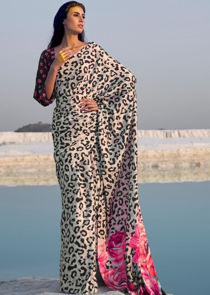 Black and White Leopard Print Crepe Silk Saree