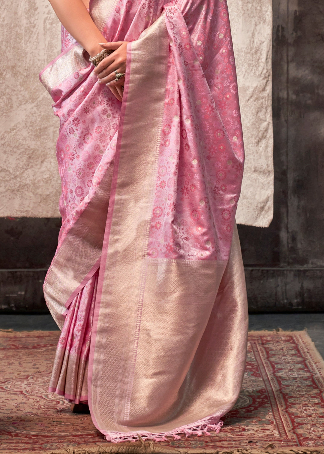 Rose Pink Pure Satin Handloom Weaving Silk Sarees