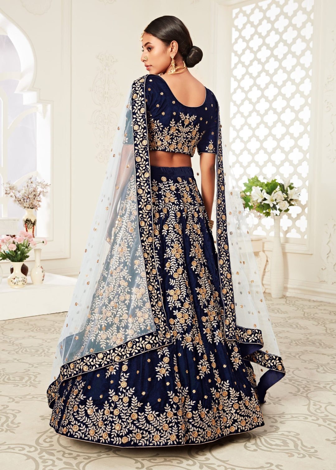 Navy Blue Velvet Lehenga With Zari & Thread embroidery With Diamond Work