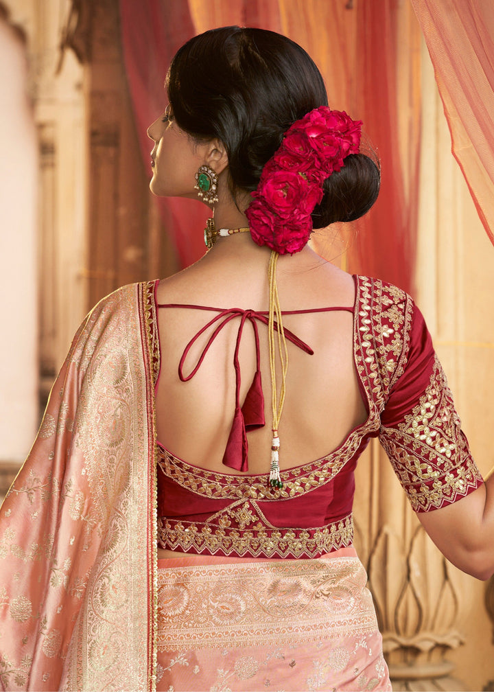 Peach Pink Satin Silk Saree