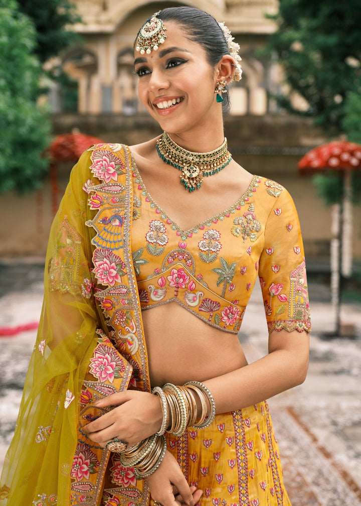 Yellow & Green Fancy Silk Lehenga Choli With Cut Work Embroidery Border & Stone Work