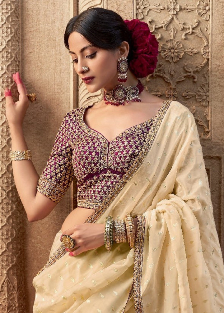 Cream Viscose Crepe Silk Saree