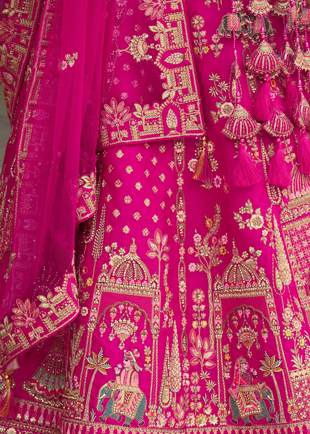 Bright Pink Heavy Bridal Silk Lehenga With Khatli And Embroidery Work