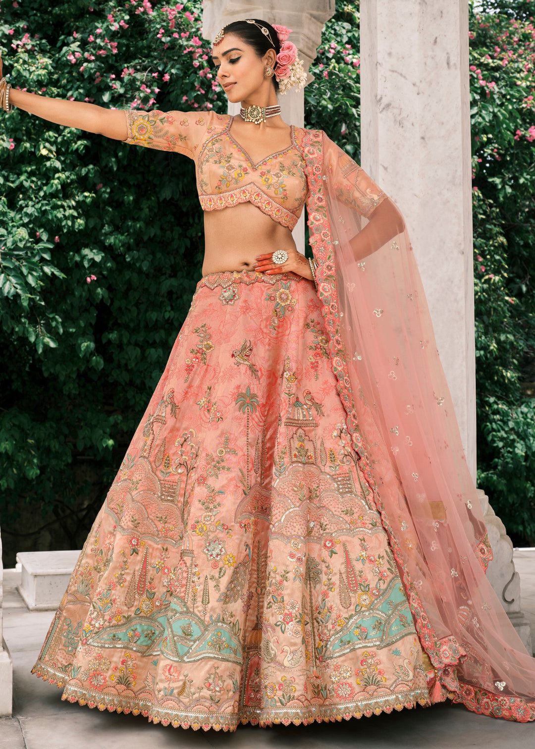 Peach Pink Fancy Silk Lehenga Choli With Cut Work Embroidery Border & Stone Work