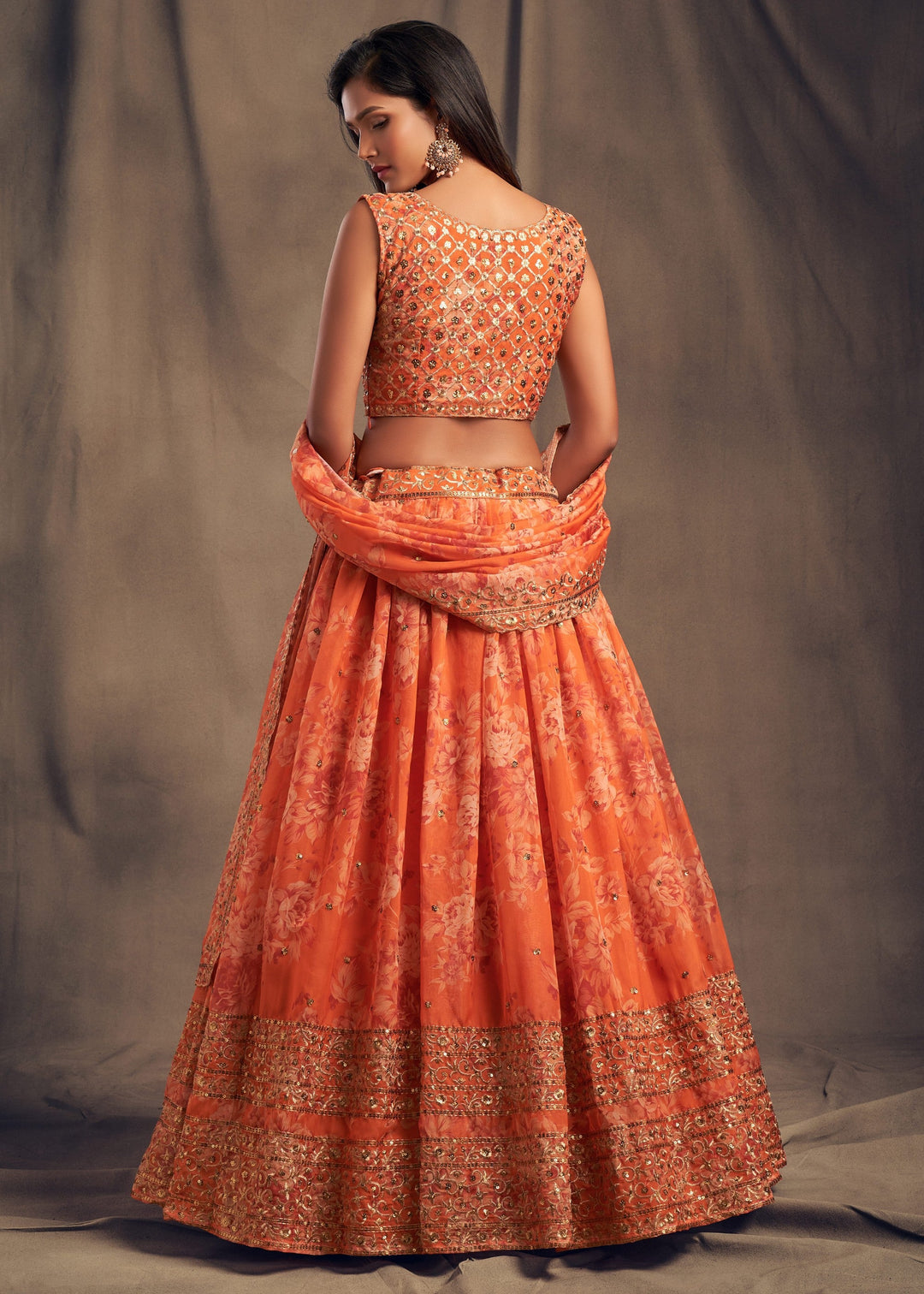 Orange Organza Lehenga with Dupatta