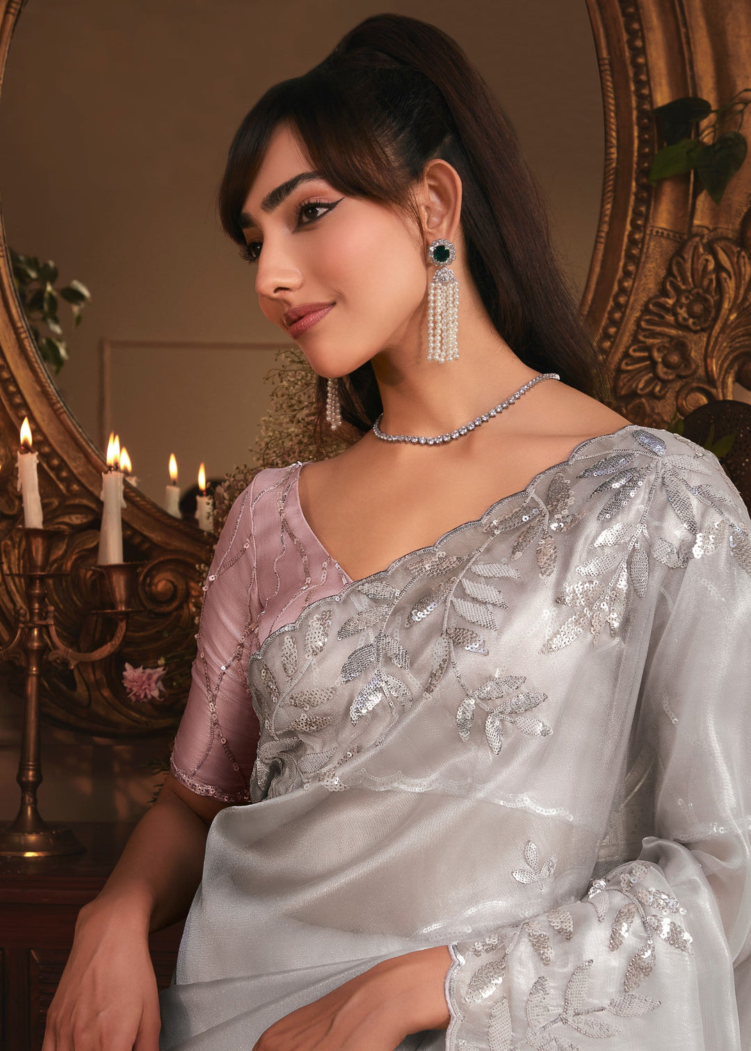 Soft Grey Tissue Organza Silk Saree