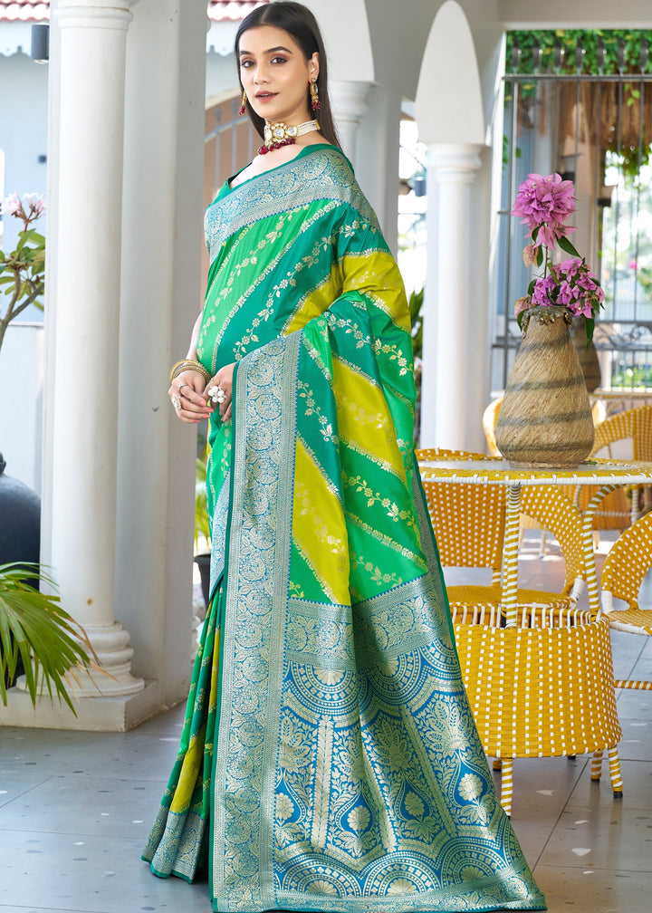 Green Leriya Zari Woven Banarasi Silk Saree With Contrast Pallu
