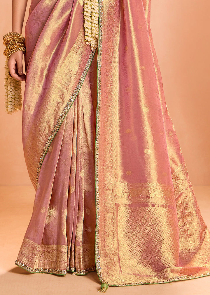 Rose Pink Zari Tissue Silk Saree With Weaving Work And Heavy Embroidery Lace : Top Pick