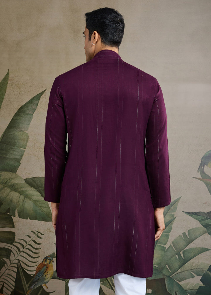 Purple Viscose Rayon Mens Kurta Set With Self Design Zari And Mirror Work