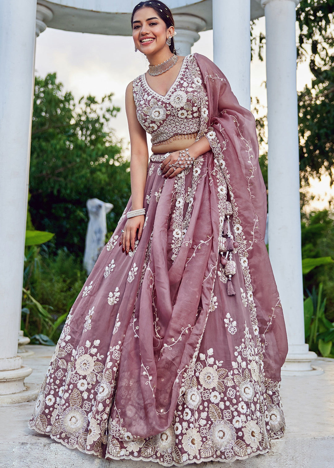Lavender Organza Lehenga Choli with Beads & Sequince Embroidered