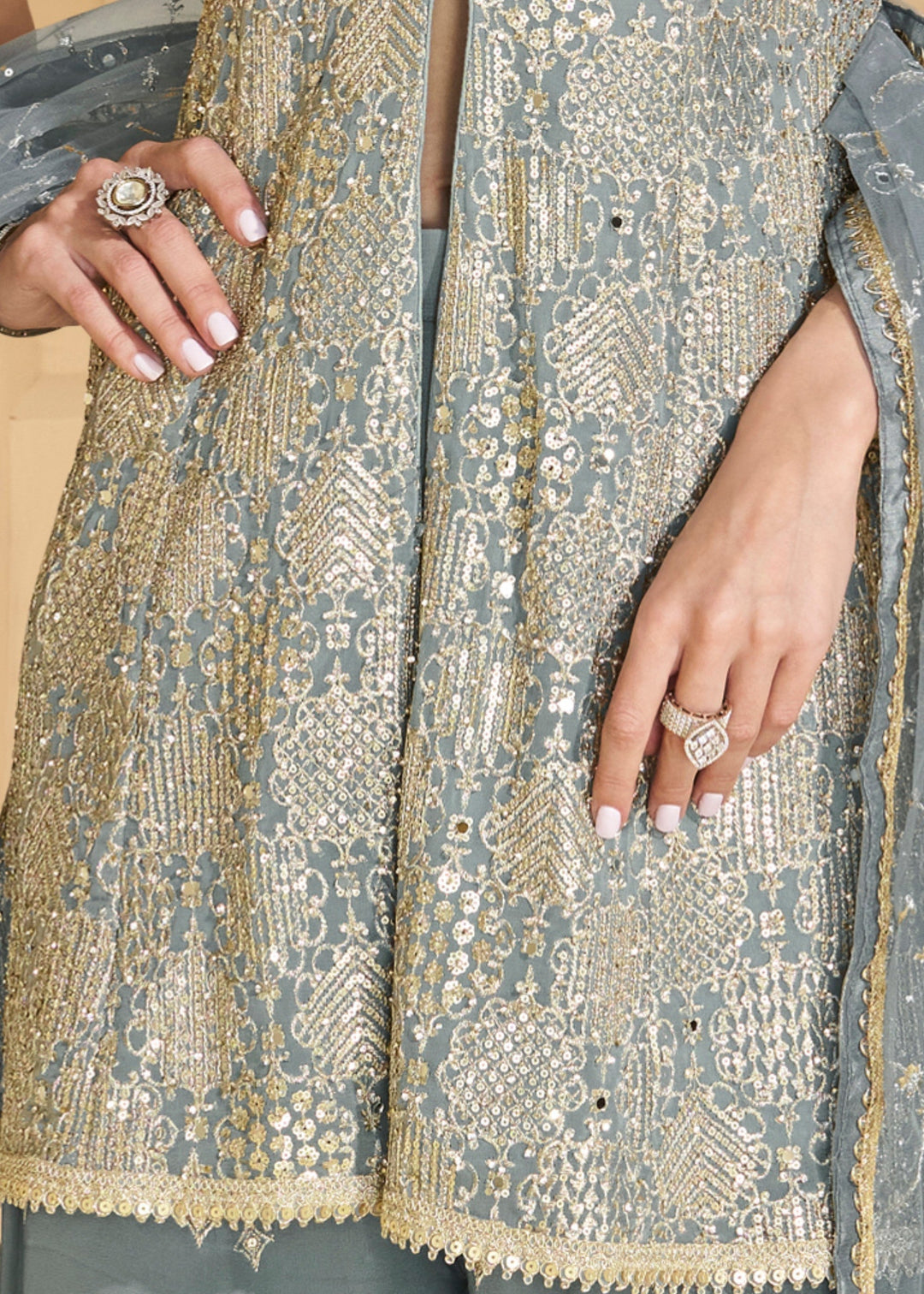 Steel Grey Georgette Plazo Suit With Hand Seroski And Embroidered Work