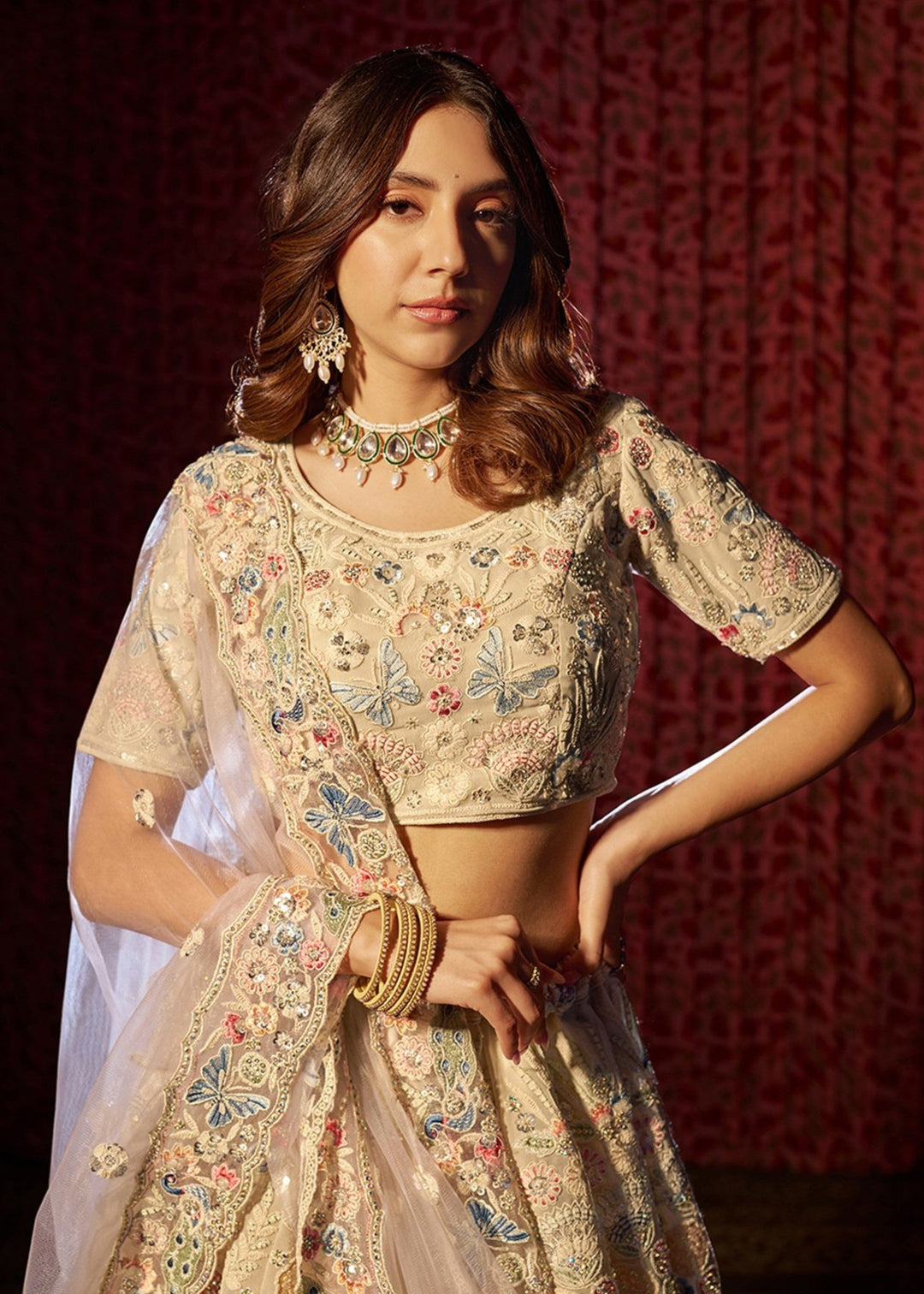 White Dori Sequins Thread work Georgette Lehenga