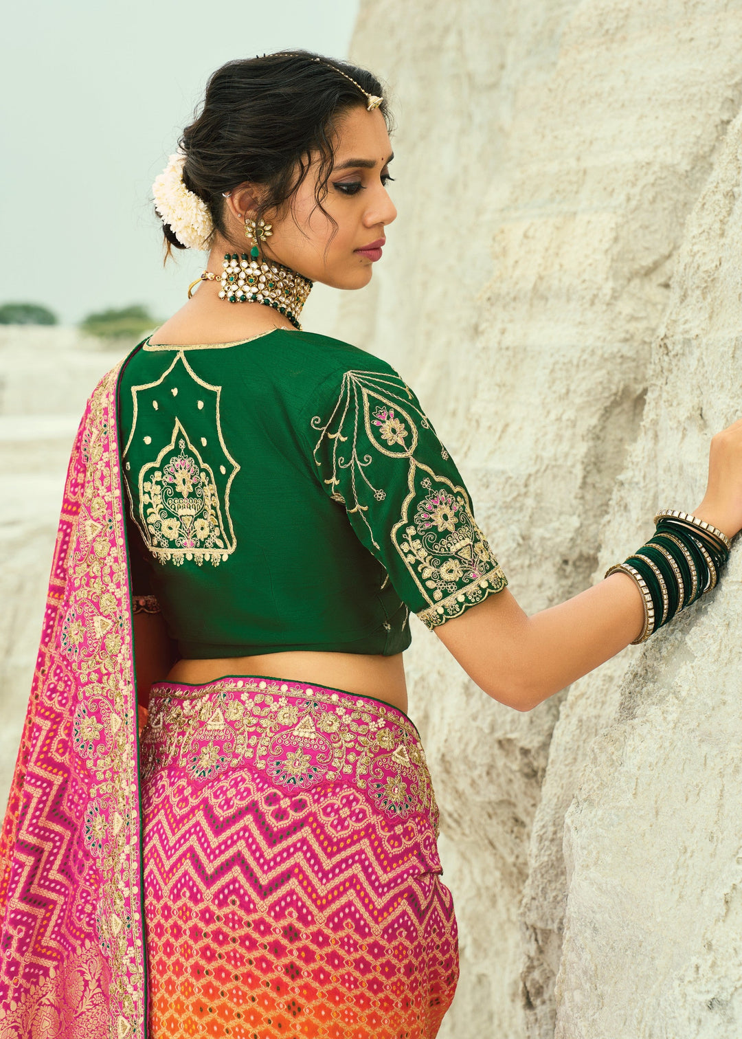 Tangerine Orange & Pink Georgette Bandhej Saree