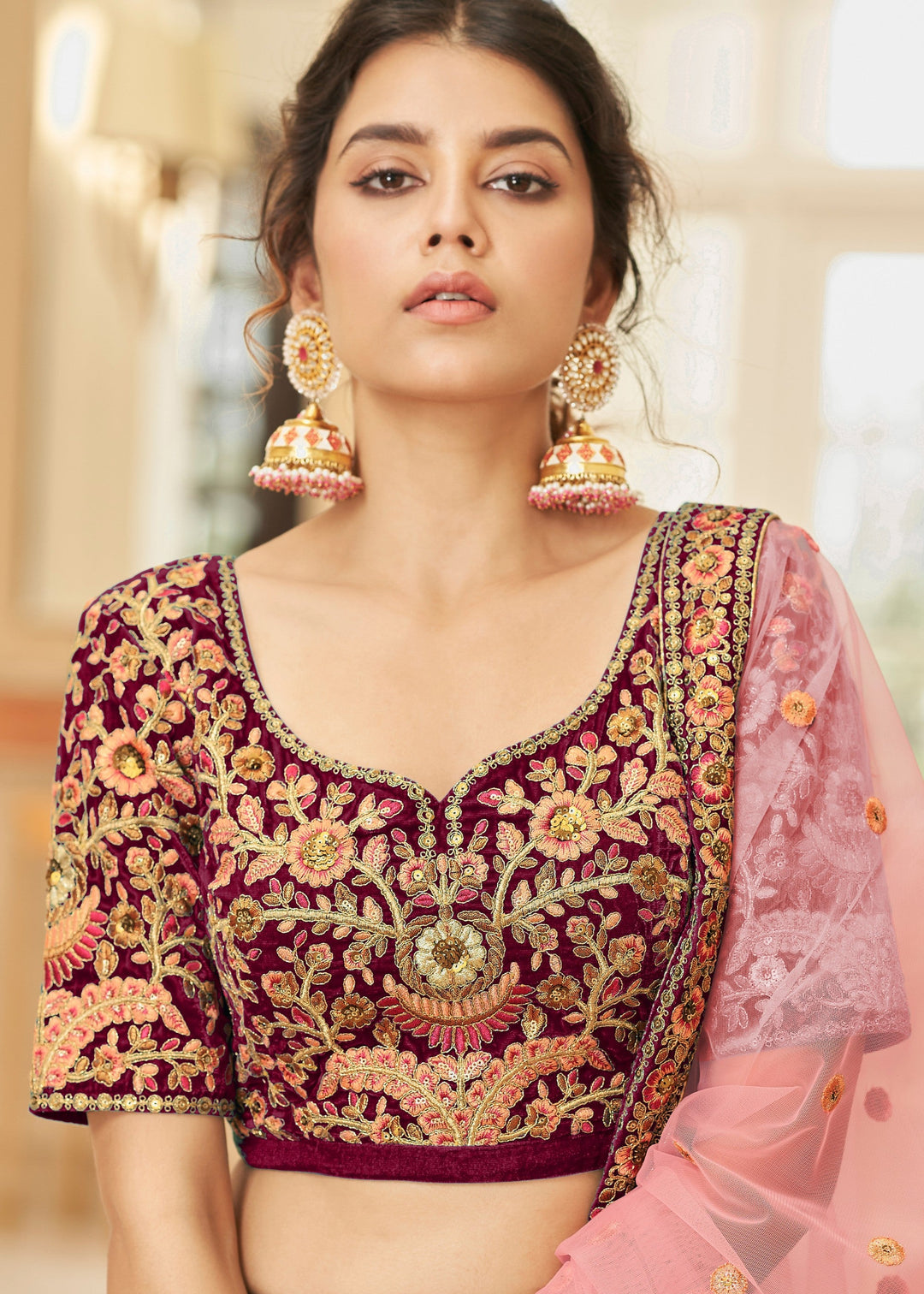 Maroon Red Velvet Lehenga Choli