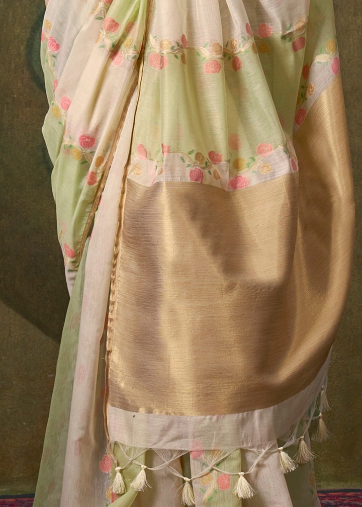 Off White And Green Cotton Silk Saree With Rangkaat Handloom Weaving