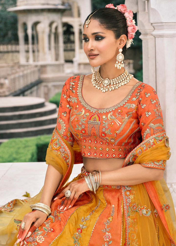 Pumpkin Orange & Yellow Fancy Silk Lehenga Choli With Cut Work Embroidery Border & Stone Work