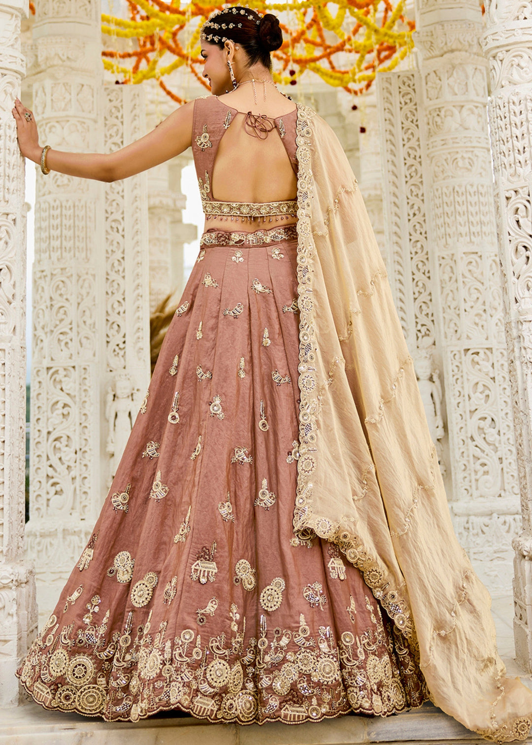 Beige Tissue Lehenga Choli with Beads & Sequince Embroidered