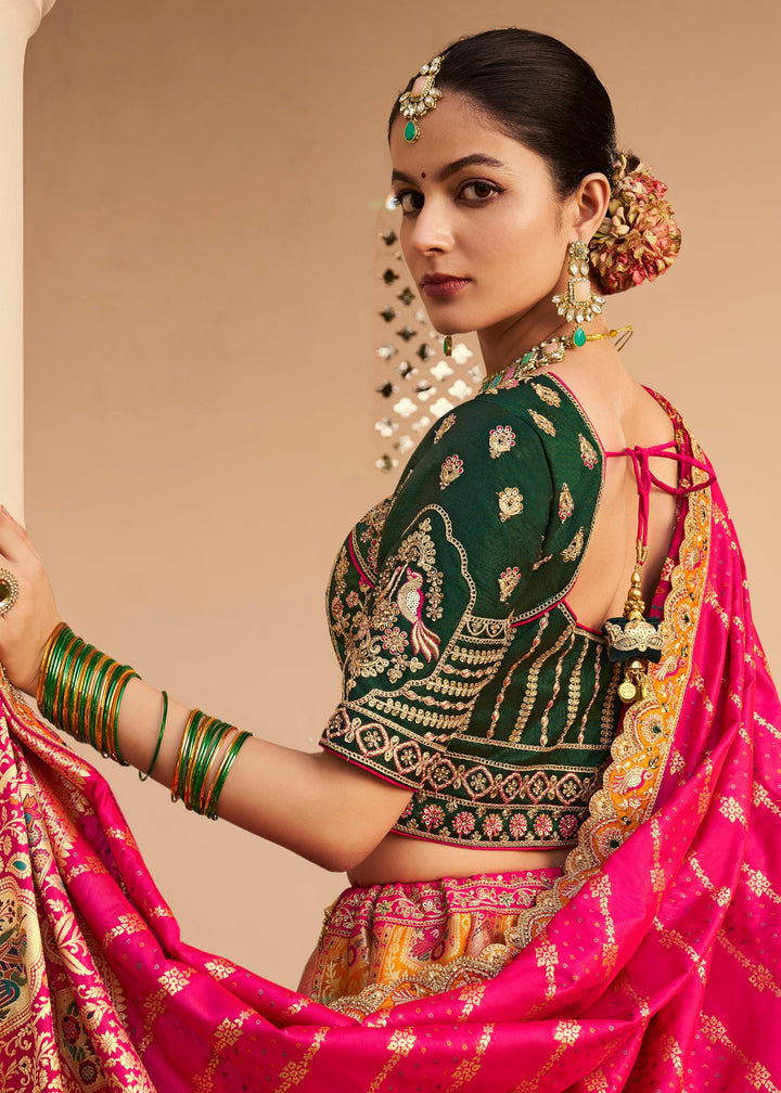 Warm Orange Banarasi Silk Lehenga With Golden Zari Work